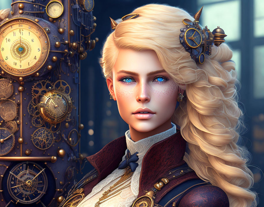 Digital Artwork: Woman with Blue Eyes & Steampunk Accessories