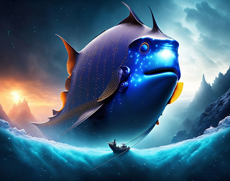 Giant luminescent fish above ocean with boat, snowy mountains, starry sky