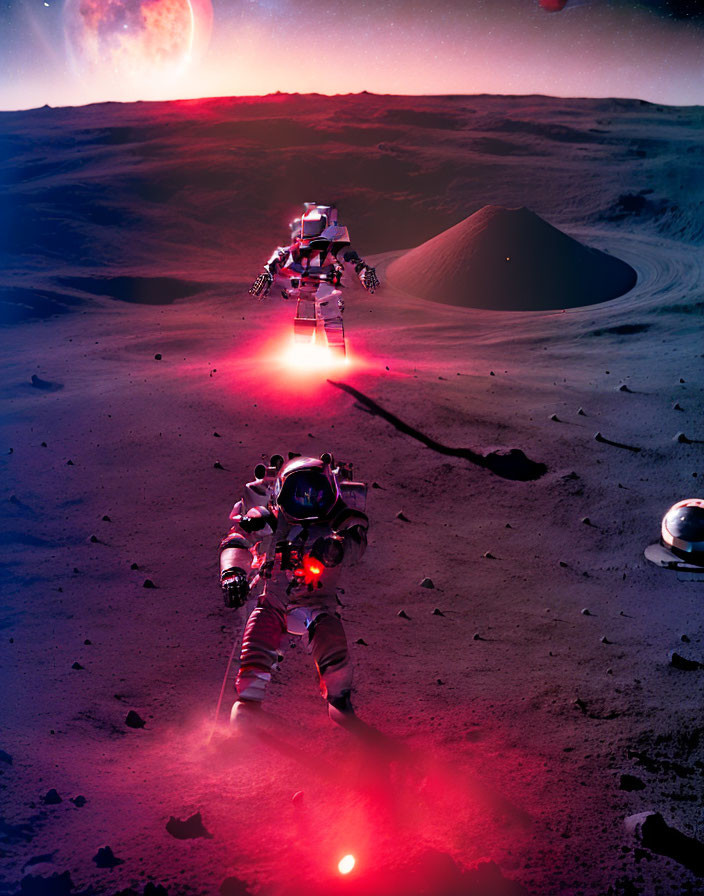 Astronaut exploring rocky alien planet with rover under red sun