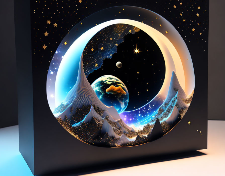 Surreal 3D Artwork: Circular Frame with Cosmic Earth Scene