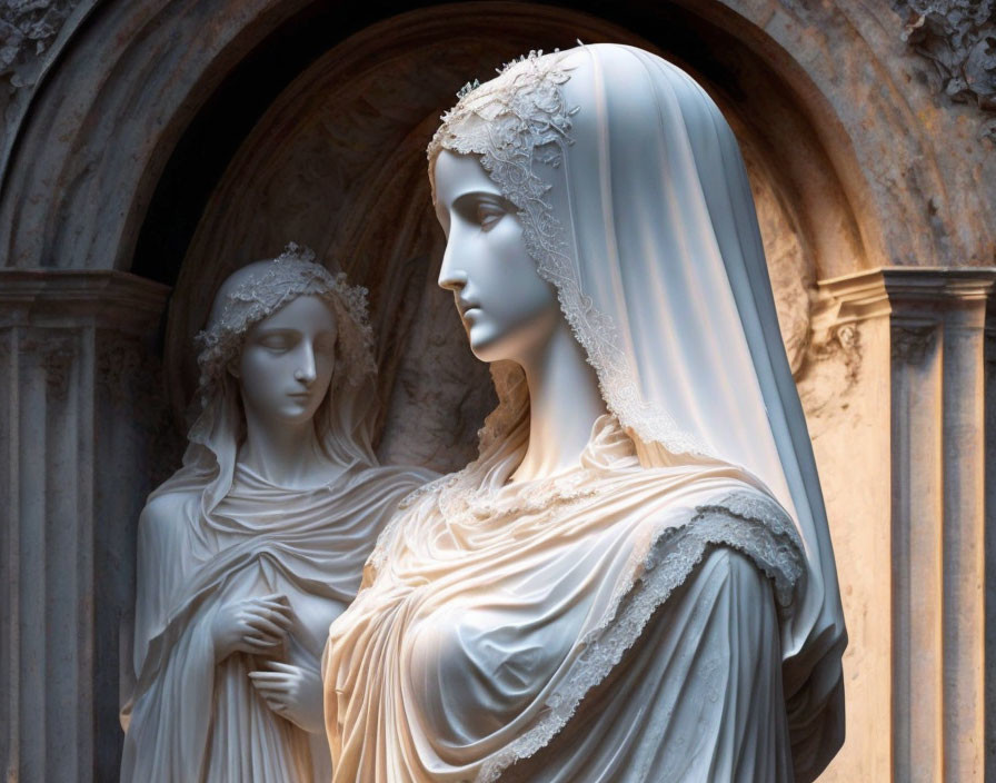 Marble statue of veiled woman with floral headpiece in dark alcove