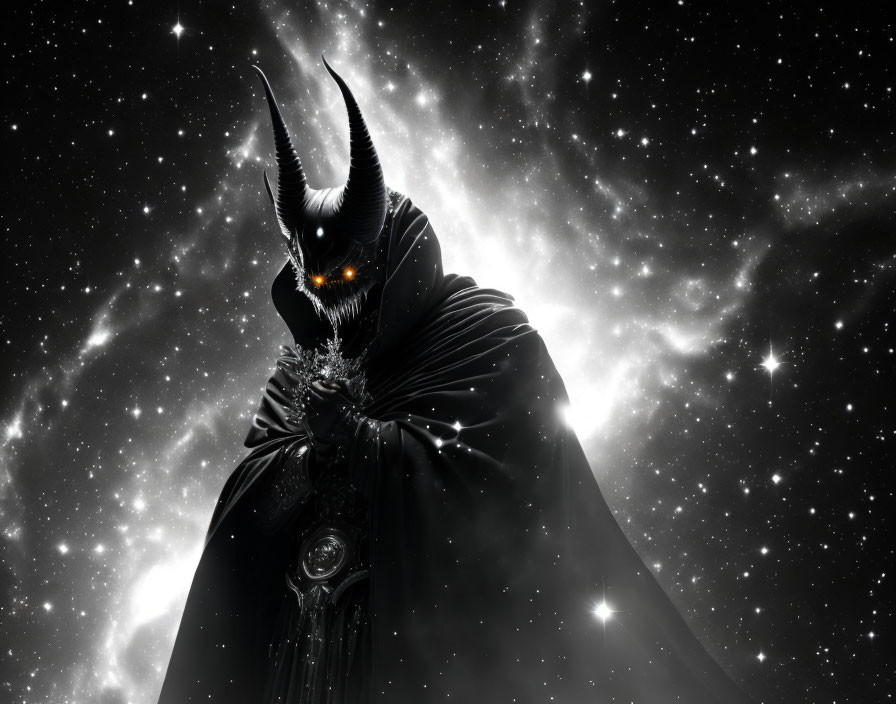 Dark figure with glowing orange eyes and long horns in starry space.