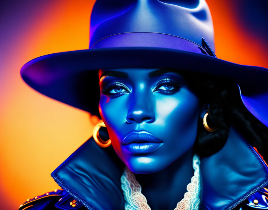 Portrait of woman with blue skin tones in hat and leather jacket against gradient backdrop