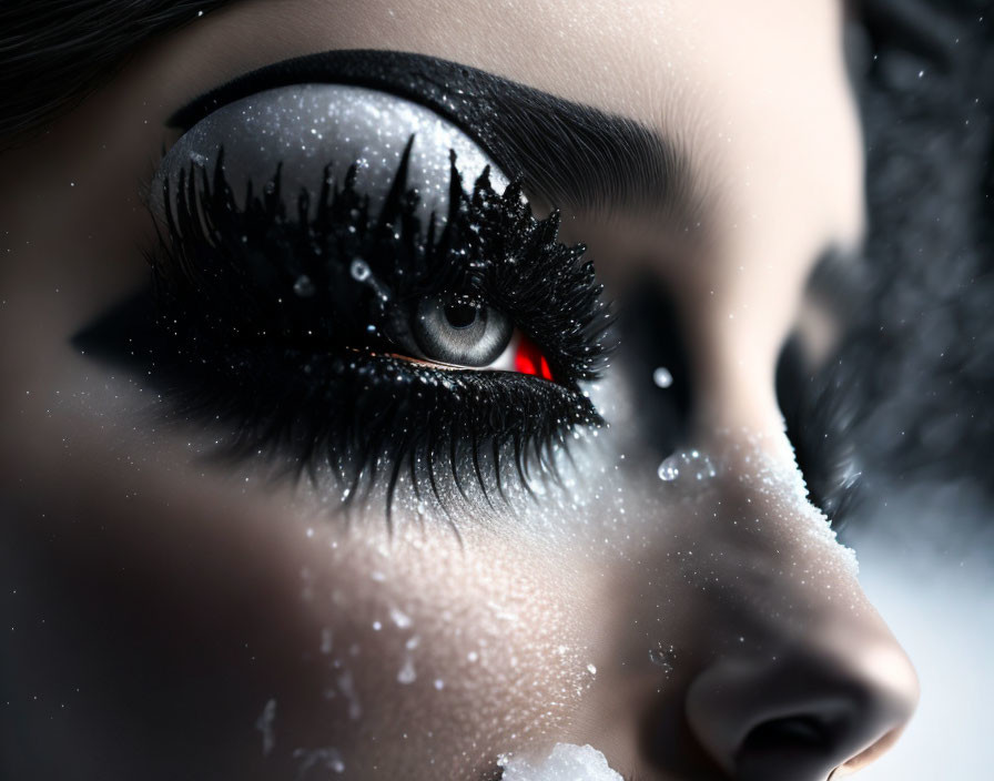 Detailed Close-Up of Eye with Black Makeup, Snowflakes, and Red Accents