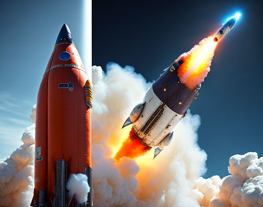 Space Shuttle Launch with Orange Tank and Boosters in Blue Sky