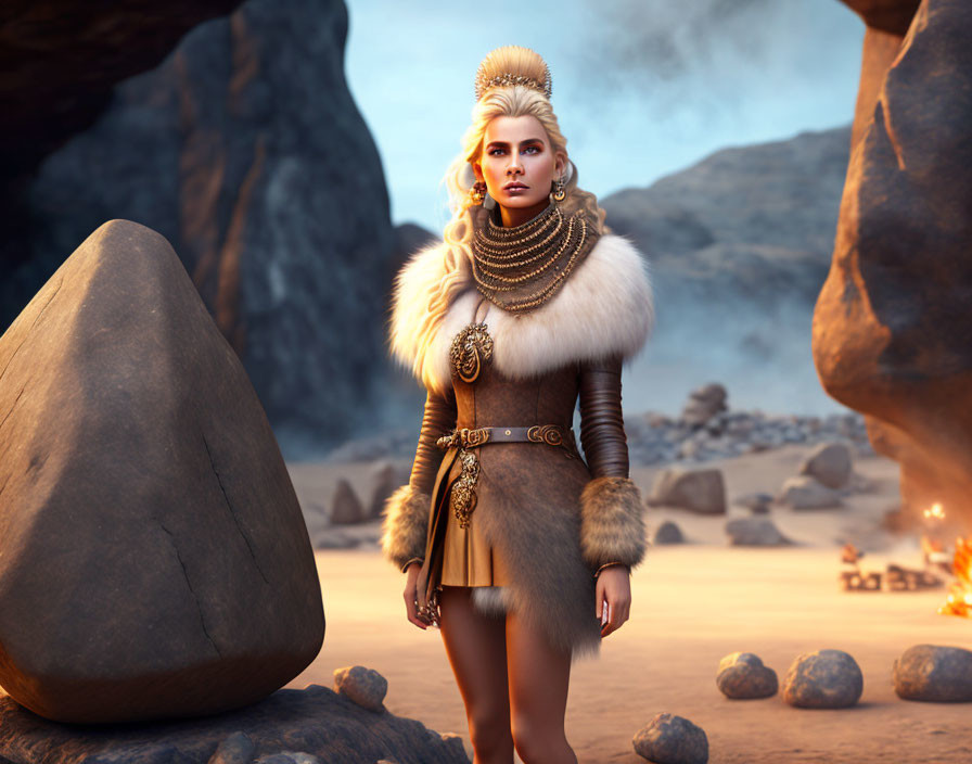 Warrior woman in fur and leather armor on rocky terrain with campfire