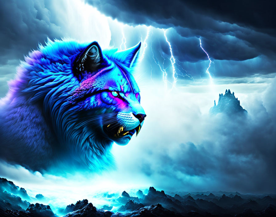 Neon blue wolf digital art in stormy skies