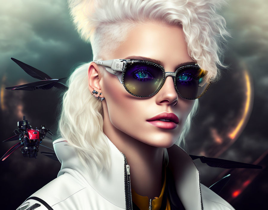 Stylized portrait with white undercut, sunglasses, drone, moon