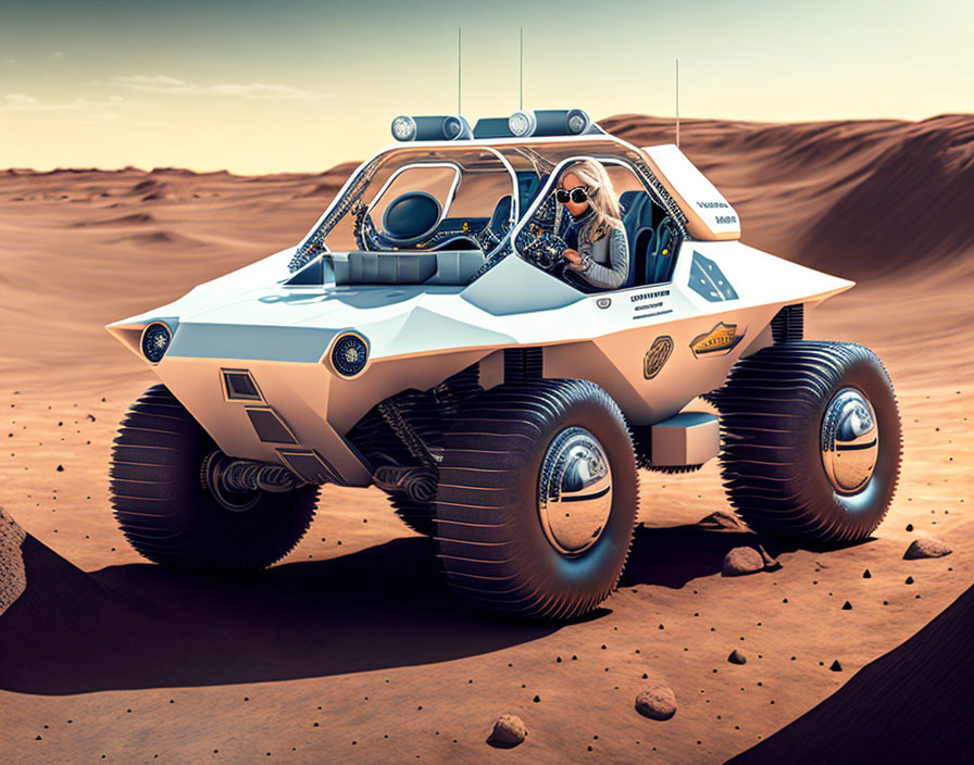 Futuristic vehicle with person in spacesuit exploring Martian-like terrain