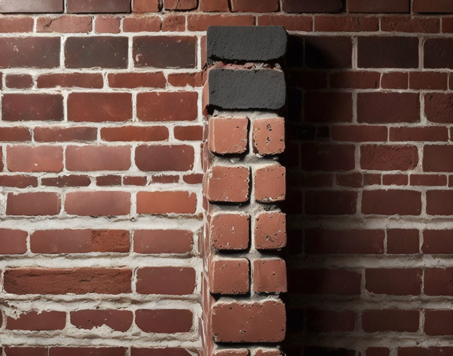 Red Brick Wall with Uneven Top and Single Black Brick on Stack