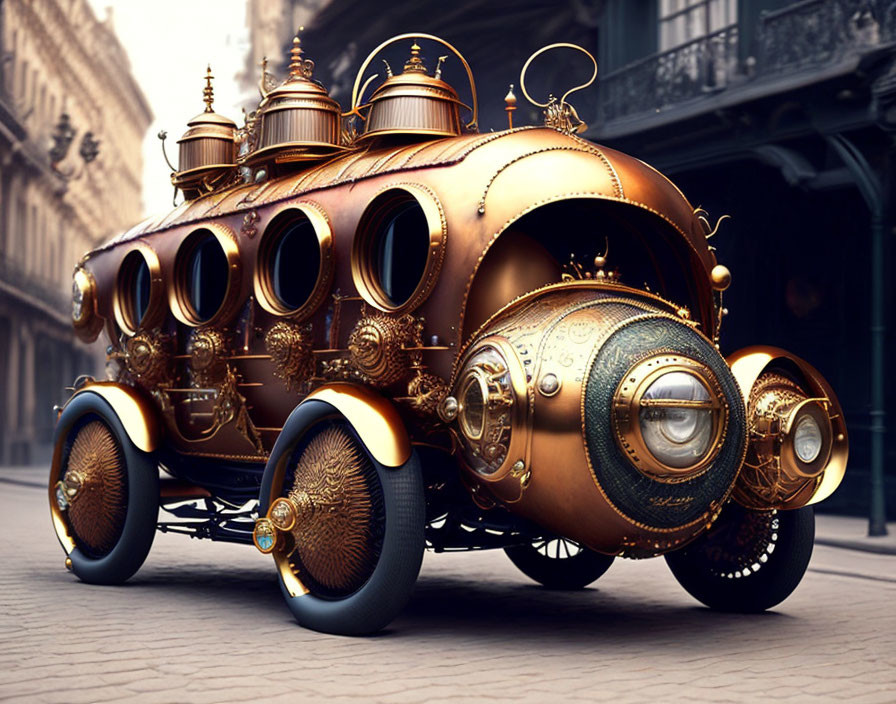 Steampunk-style vehicle with brass detailing on cobblestone street