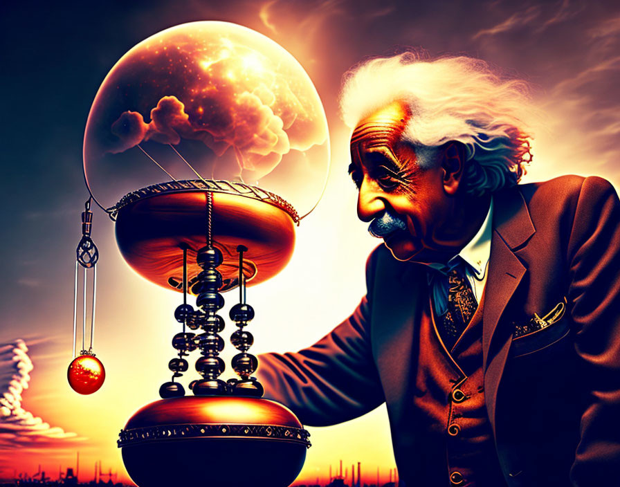 Historical scientist illustration with cosmic abacus and planet under surreal sunset sky