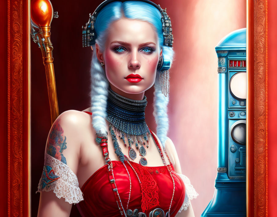 Digital artwork of woman with blue hair, steampunk headphones, tattoos, red corset, near