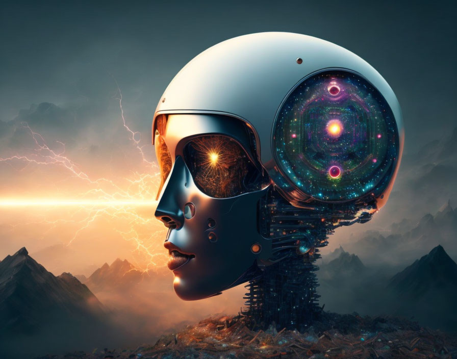 Transparent futuristic robot head with cosmic patterns against mountainous backdrop.