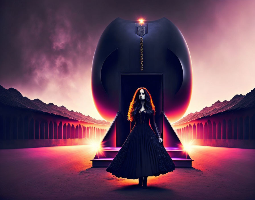 Surreal image of woman in black dress with glowing mask by giant helmet under purple sky