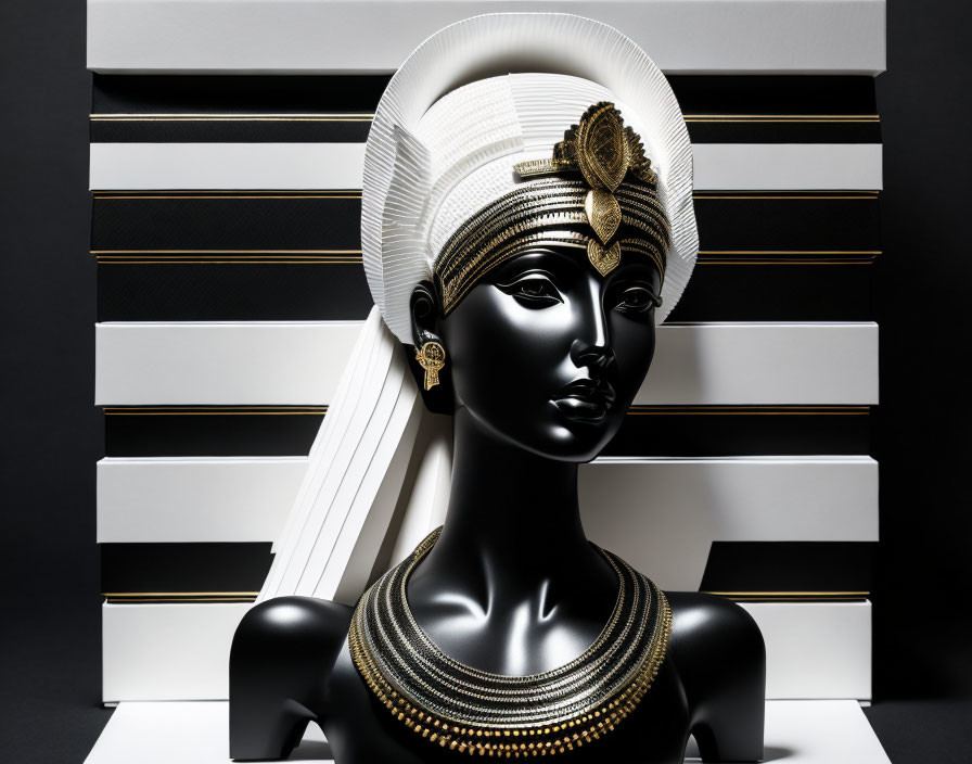 Egyptian-inspired headdress on mannequin head with golden accents on striped background