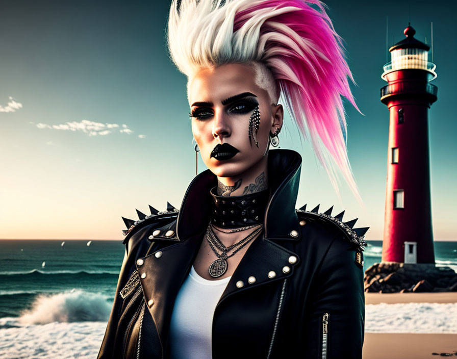 Person with mohawk, piercings, tattoos in leather jacket by lighthouse & ocean