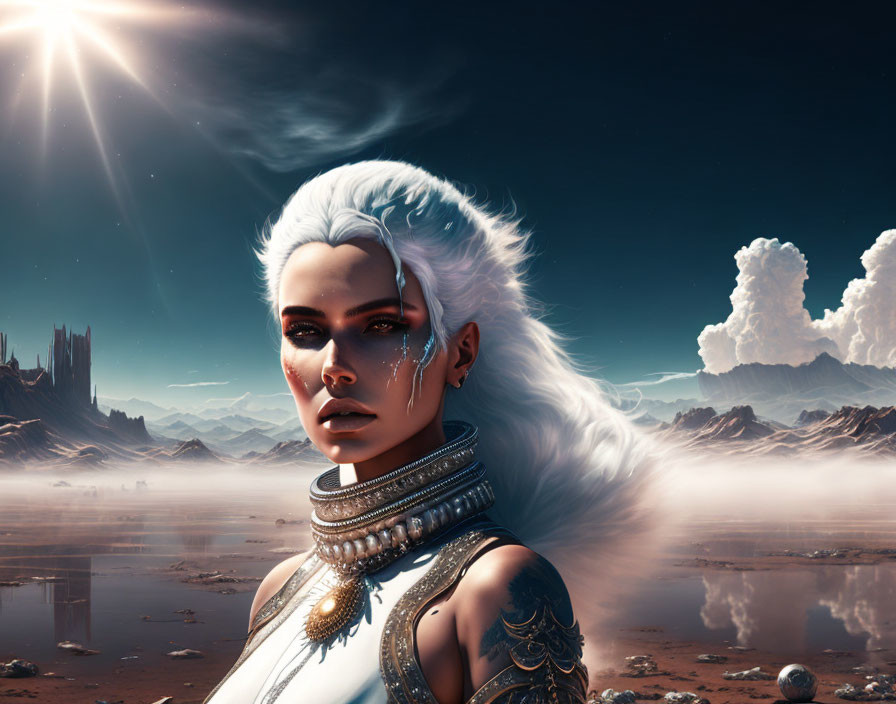 Fantasy character with white hair and tattoos in alien landscape