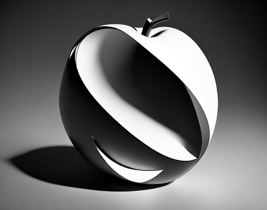 Monochrome 3D apple with swirling design on gradient backdrop