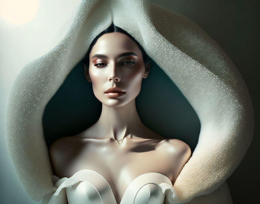 Woman in avant-garde white attire with subtle glow and pearl accents