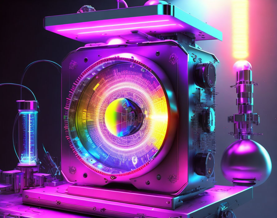 Futuristic machine with neon colors and circular interface