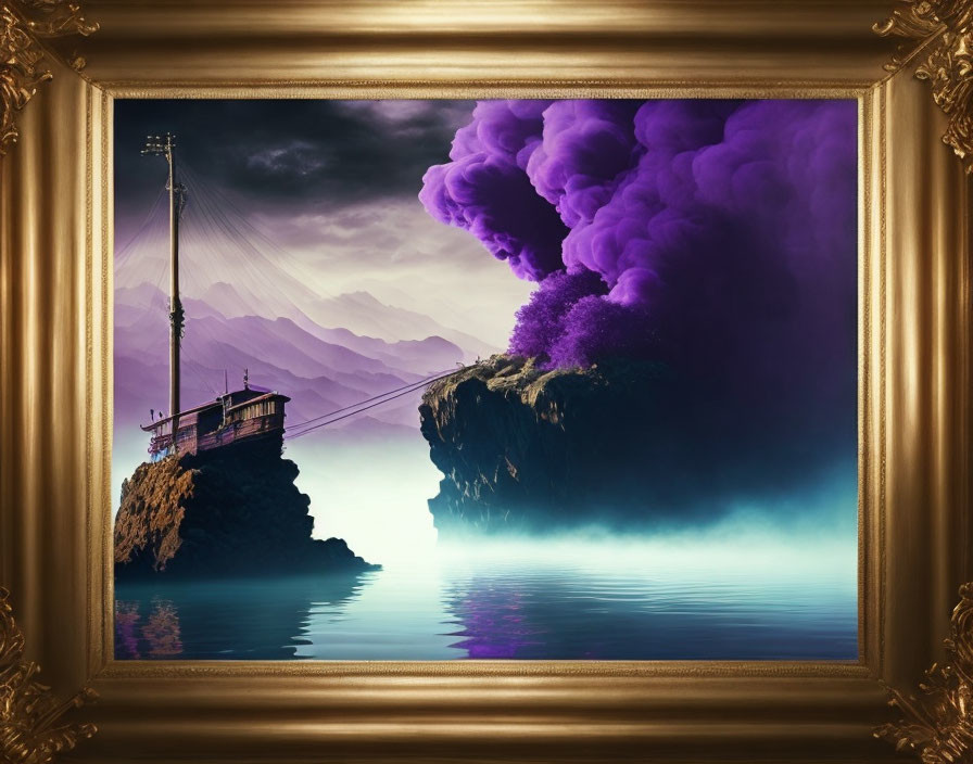 Surreal artwork in ornate gold frame: boat on cliff, purple clouds, tranquil water.