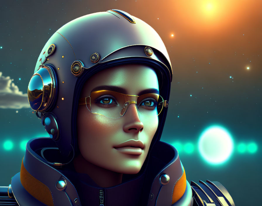 Digital artwork: Person in clear goggles with futuristic space helmet against celestial backdrop