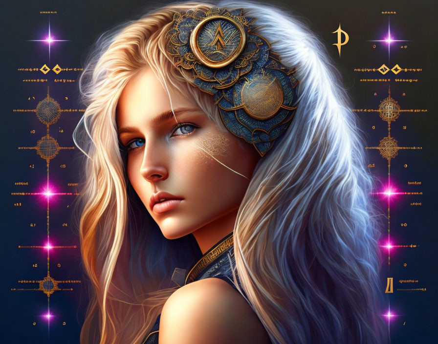 Silver-haired woman with blue eyes in digital art portrait with gold jewelry and mystical symbols.