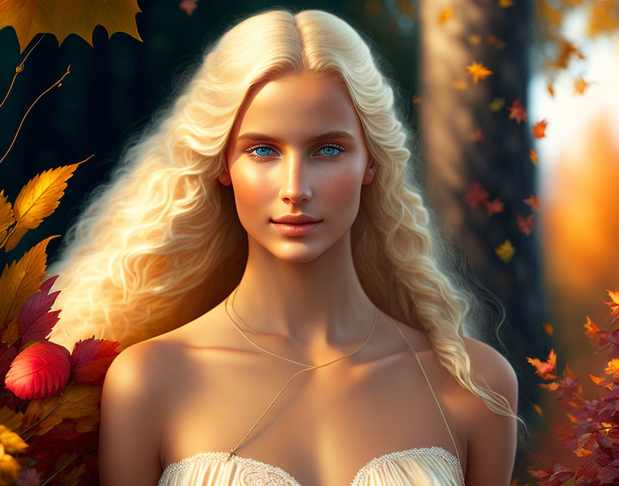 Pale-skinned woman with blonde hair and blue eyes in autumn setting.