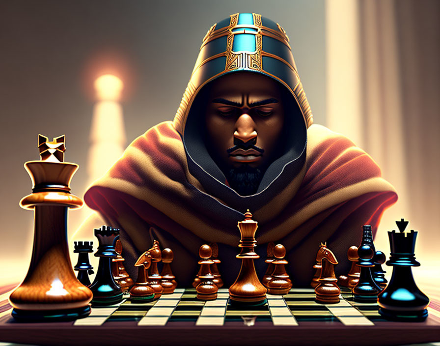 Illustrated figure resembling a king contemplates Egyptian-themed chessboard.