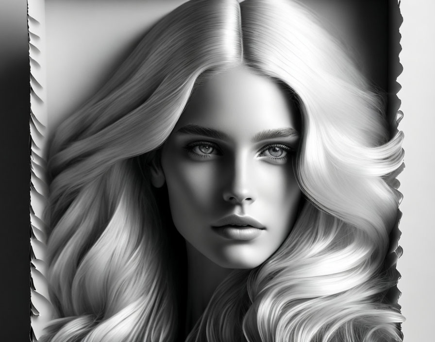 Monochromatic portrait of woman with voluminous wavy hair and striking eyes