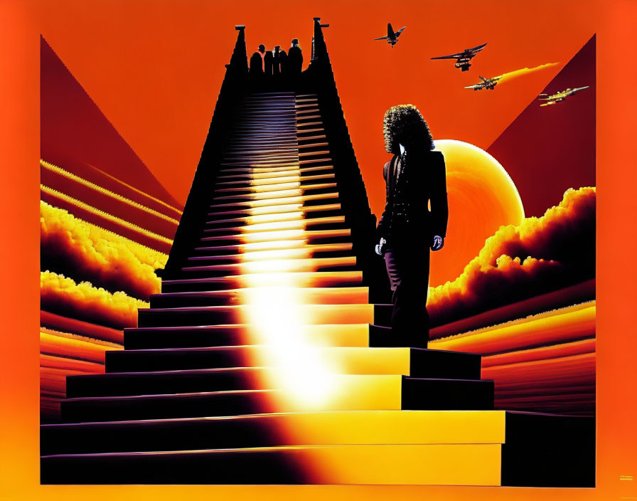 Silhouette of person at base of pyramid staircase under orange sky with figures and aircraft.