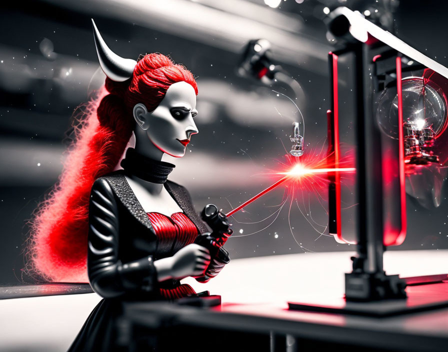 Stylized female figure in red and black attire conducts laser experiment in futuristic lab