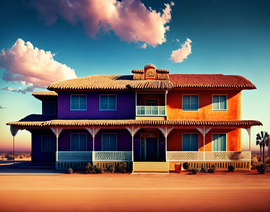 Vibrant orange and purple two-story motel in desert setting