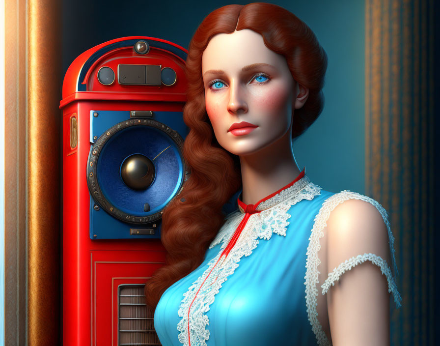 Red-haired woman in vintage blue dress next to classic red jukebox in striped wallpaper room