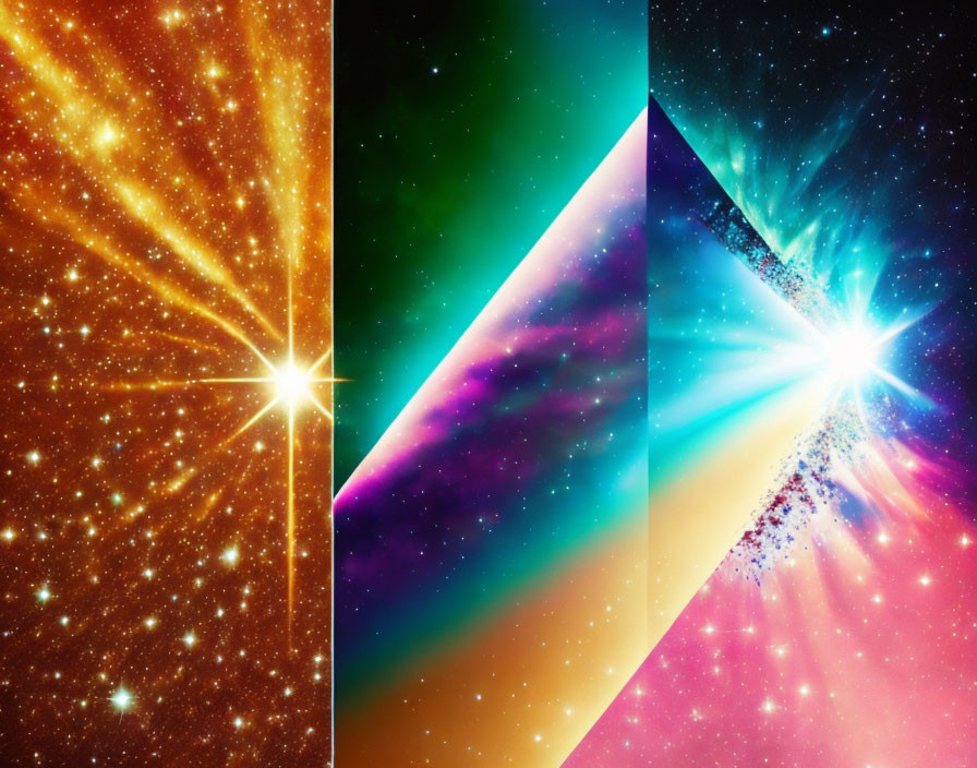 Colorful Geometric Digital Artwork with Cosmic Scenes and Stars