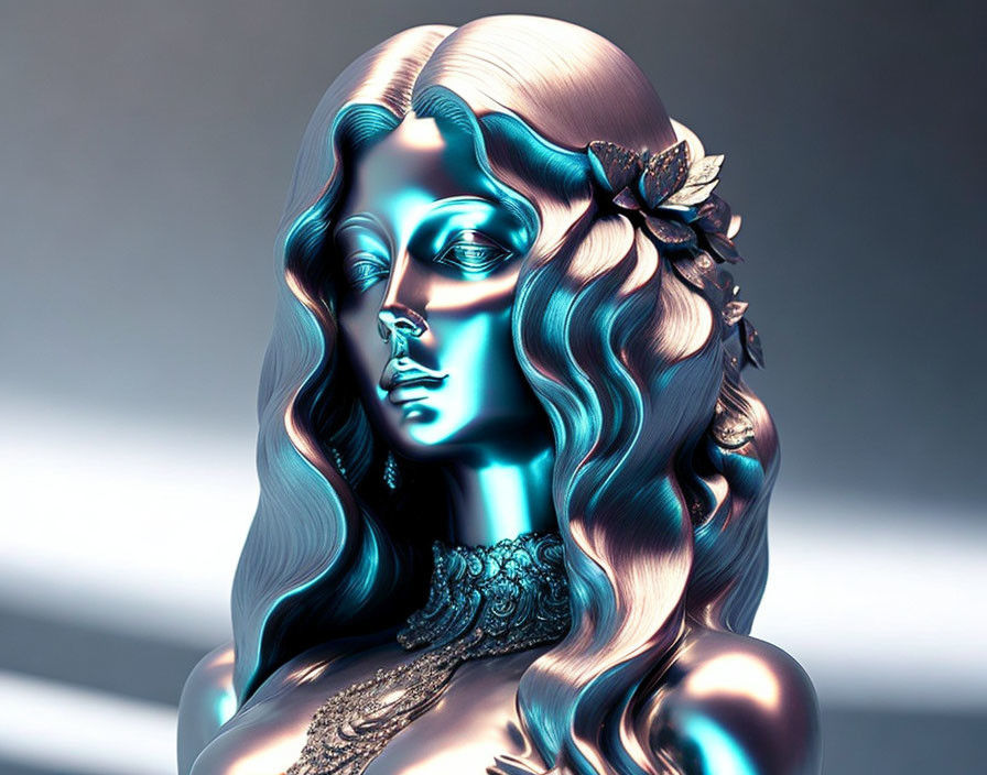 Metallic sculpture of woman's head with detailed hair, flower, and necklace in blue and orange shades