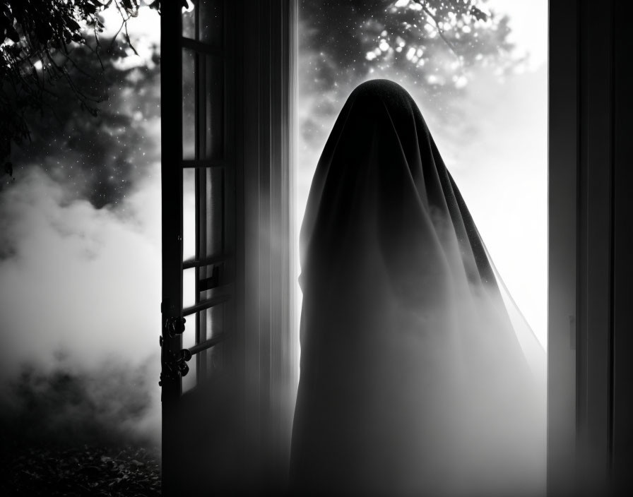 Cloaked figure by open door in misty setting with silhouetted trees