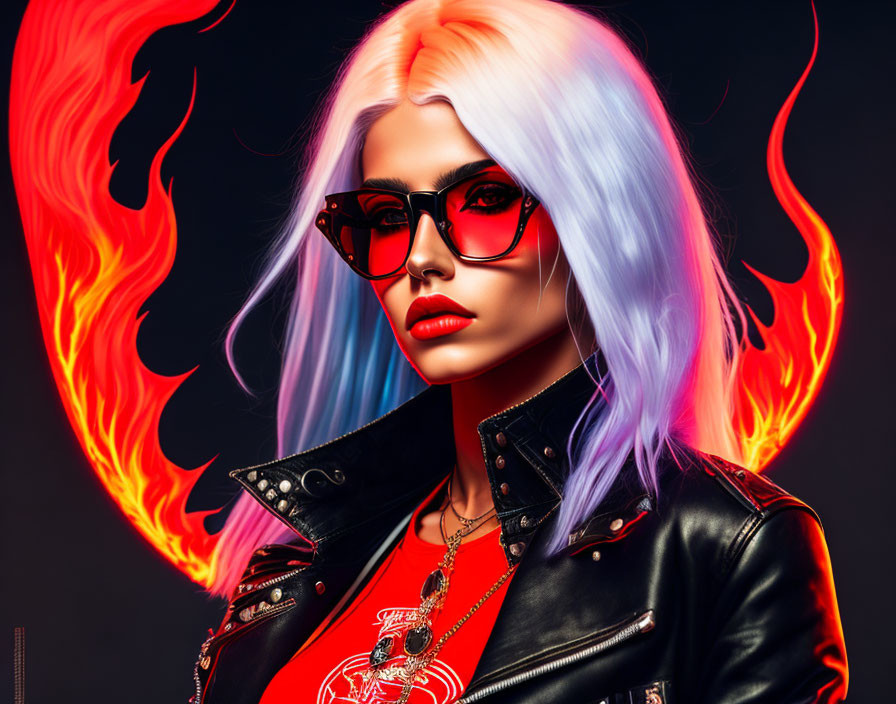 Fashionable woman with pastel blue hair and red sunglasses in leather jacket against fiery backdrop.