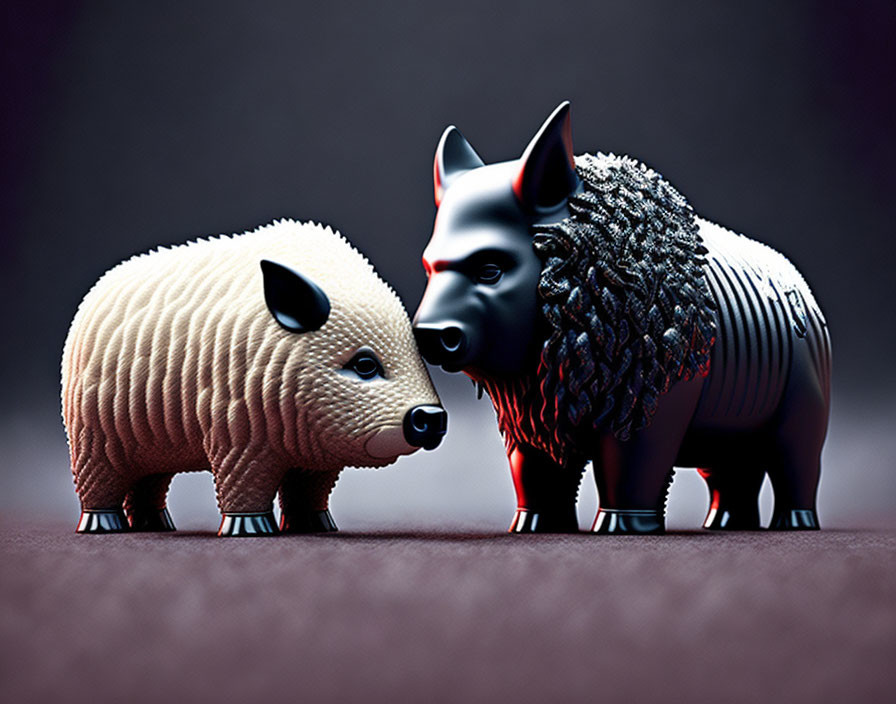 Stylized sheep and wolf figures facing each other on purple background