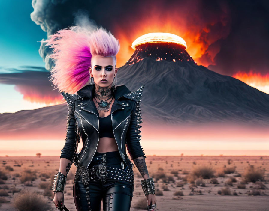 Colorful Mohawk Punk Woman Poses by Erupting Volcano