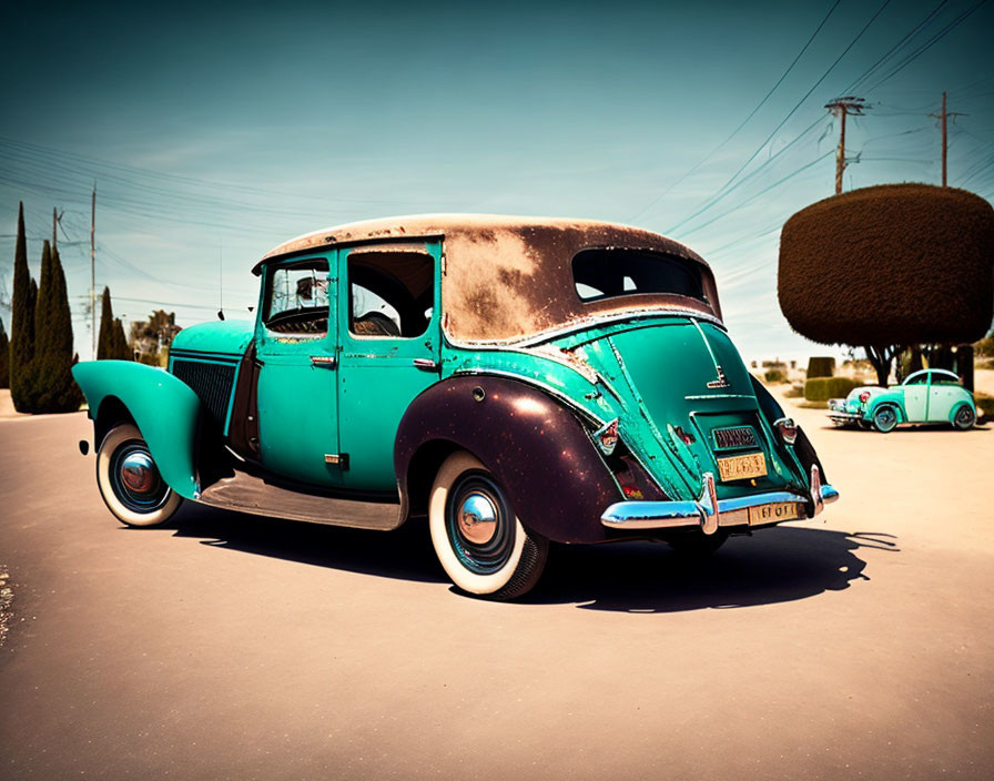 Vintage Teal Car with Dusty Rear and White-Wall Tires on Asphalt Road