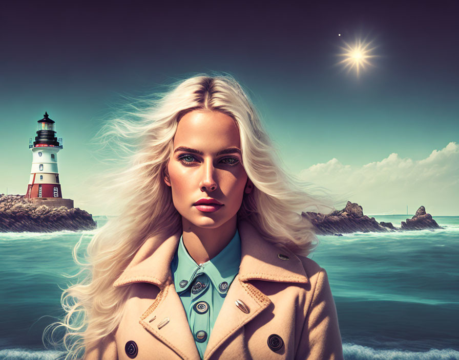 Blonde Woman in Beige Coat with Lighthouse Background