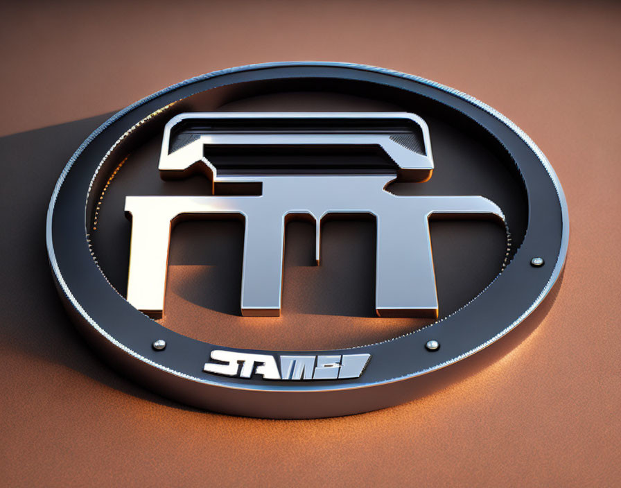 Shiny 3D Metallic "TM" Logo in Oval on Textured Brown Background