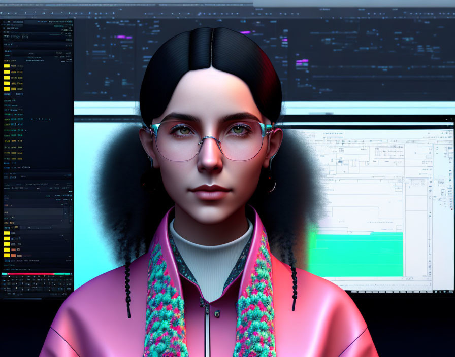 Digital artwork: Woman in glasses, pink jacket, with code on computer screens