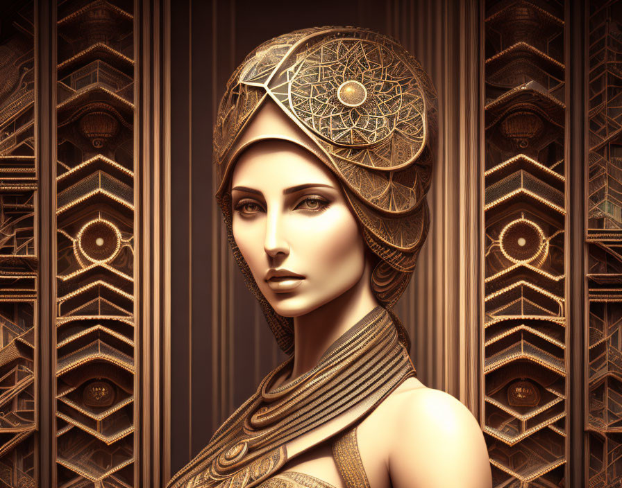 3D rendering: Metallic woman with ornate headpiece on symmetrical background