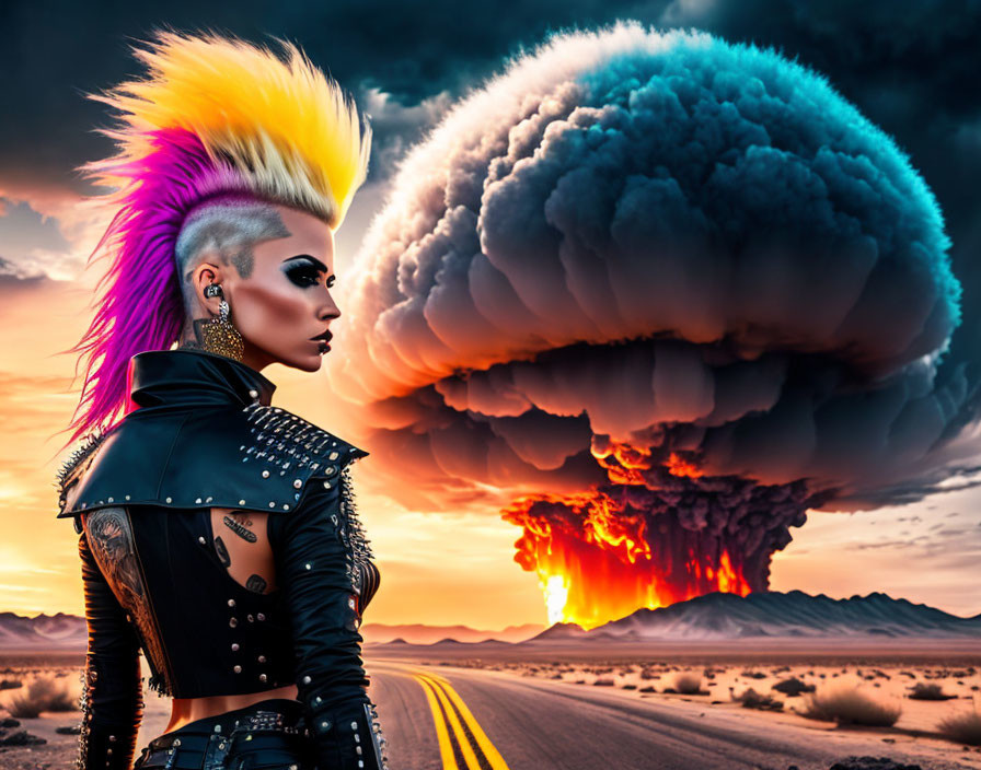 Colorful Mohawk Punk Person Gazes at Mushroom Cloud across Desert Highway