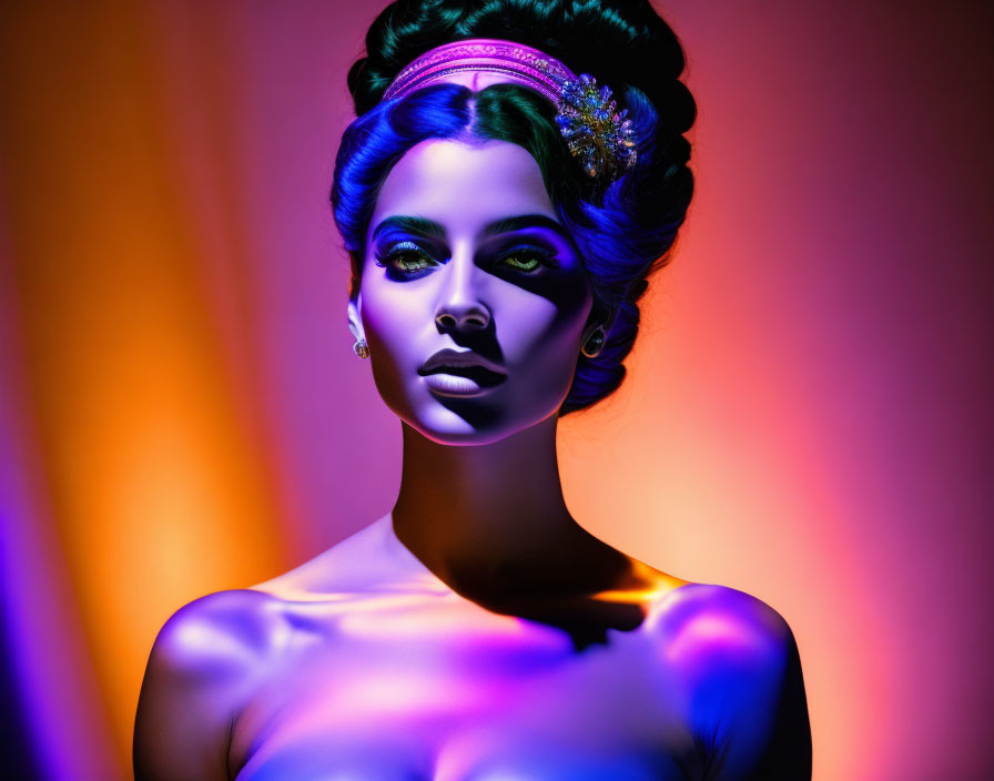 Vibrant neon portrait with stylized hair and makeup in purple, orange, and blue hues