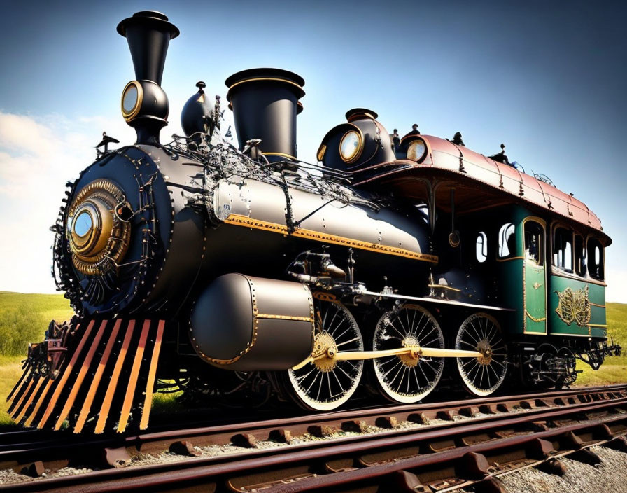 Ornate vintage steam locomotive on polished tracks under clear sky