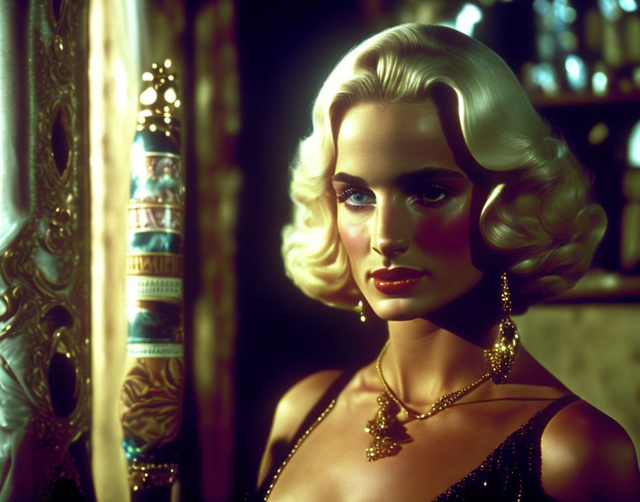 Blond woman in dramatic lighting with golden jewelry